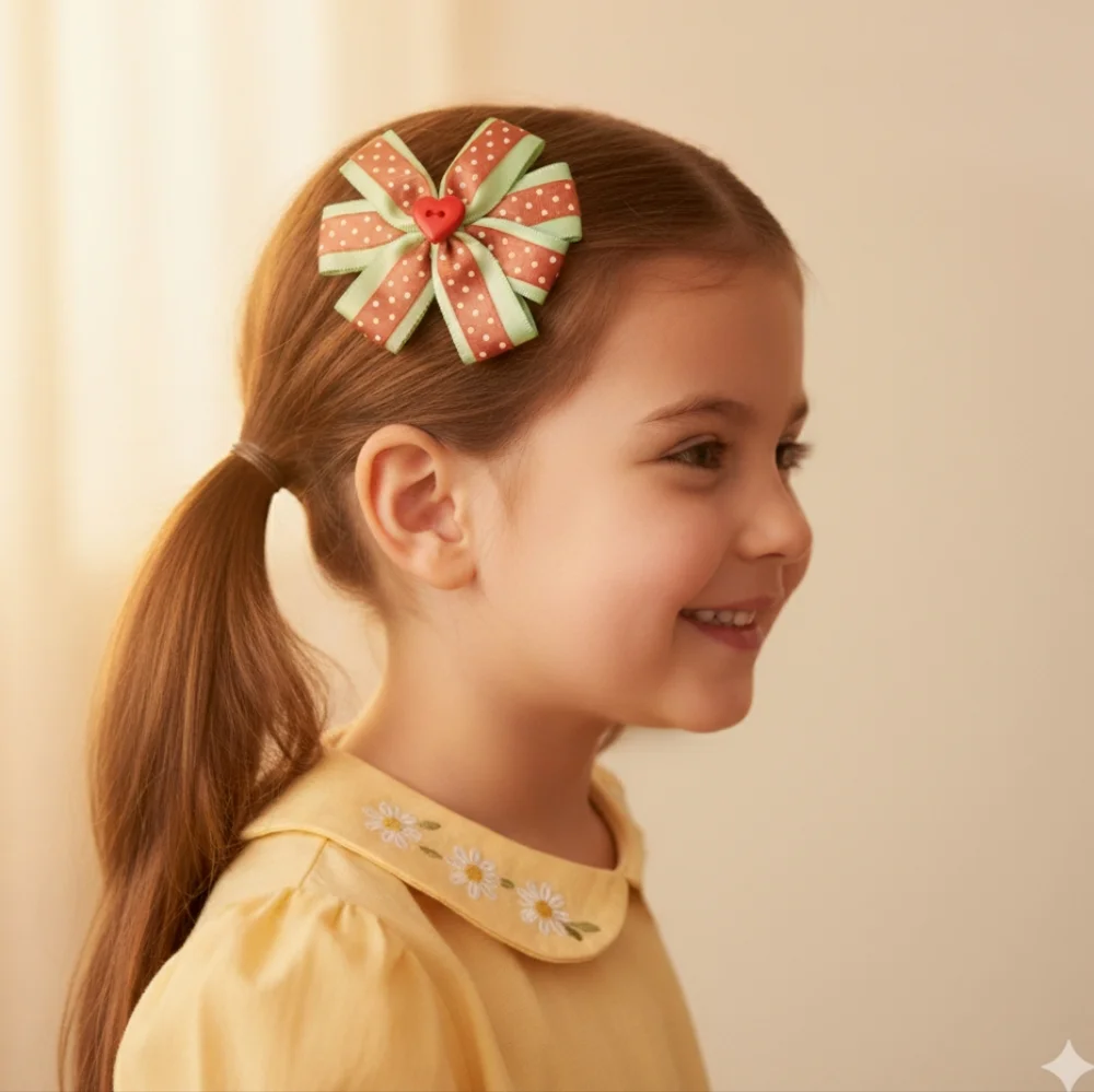 Girls Handmade Green/Red Polka Dot 2pc Hair Clips Set- Brand New
